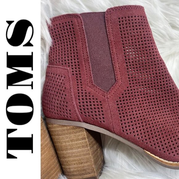 TOMS Majorca Peep Toe Burgundy Red Suede Perforated Ankle Bootie, Size 8.5 - Picture 3 of 10